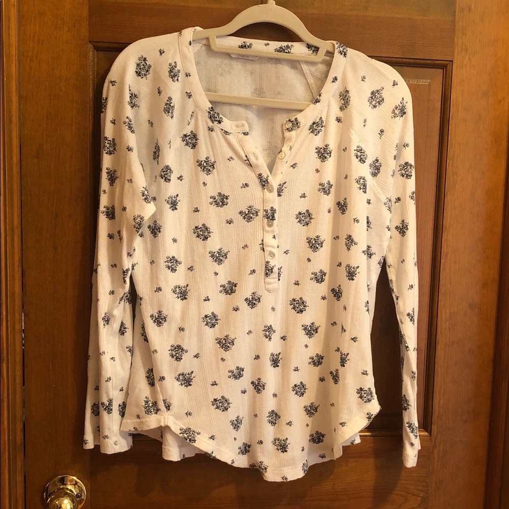 Lucky Brand White Long-Sleeve Henley Top with Navy Floral Print
